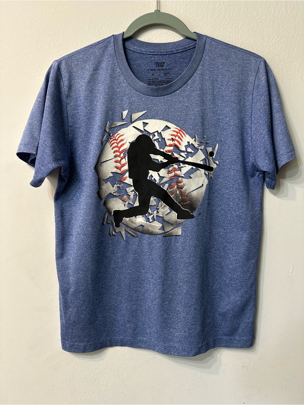 Tek Gear Boys Large Dry Tek Baseball Graphic Tee Blue Heather Polyester Shirt L